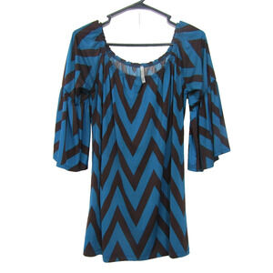 Voel Blue Chevron Top Womens sz M/L Boho Cottagecore Bell‎ Whimsical